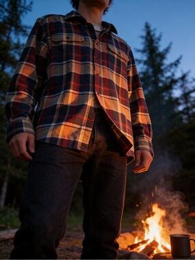 The North Face Black, Red and Mustard Plaid Flannel Shirt Jacket